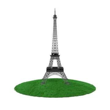 Paris Eiffel Tower Statue over Piece of Grass Land. 3d Rendering Stockillustratie