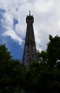 Paris eiffel tower structure rising above green trees Stock Photos