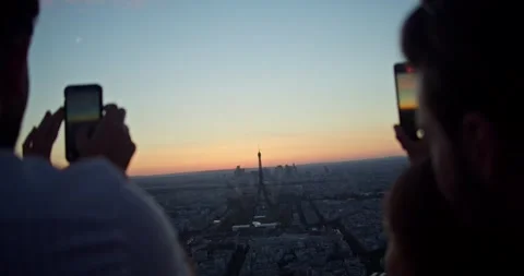 Paris Eiffel Tower at Sunset Rotating Shot from Panoramic Rooftop View of Stock Footage 244102930