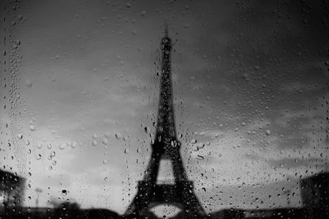 Paris Eiffel Tower through window at rainy day 스톡 사진
