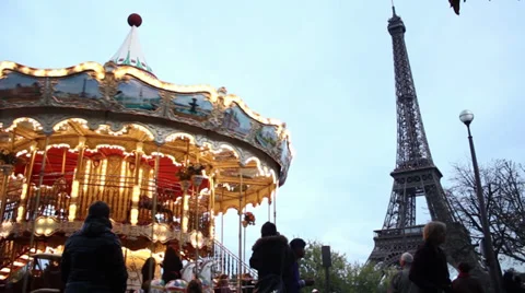 Paris: Eiffel Tower with Traditional Merry Go Round Stock Footage 35167189
