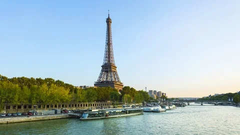 Paris, Eiffel tower with traffic on Seine River Stock Footage 94890179