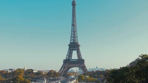 Paris Eiffel Tower Wide shot blue sky Autumn Stock Footage 97600891