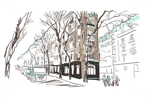 Paris european street vector sketch illustration watercolor Stock Illustration
