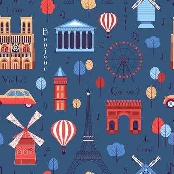 Paris Famous Landmarks Vintage Pattern 스톡 일러스트