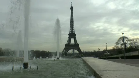 Paris Fountains Eiffel Tower Walkway Stock Footage