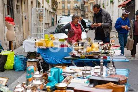 Paris, France, 20 May 2019 - Unidentified people at the traditional flea market Stock Photos