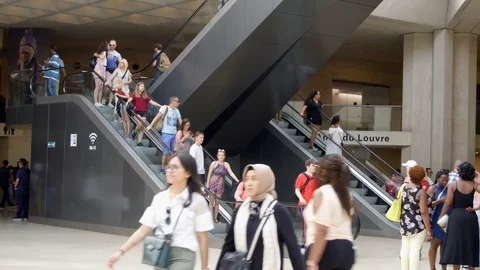 PARIS, FRANCE- CIRCA August 2017: Inside view of famous Louvre museum. People Stock Footage