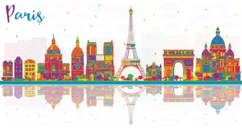 Paris France City Skyline with Color Buildings and Reflections. Stock Illustration