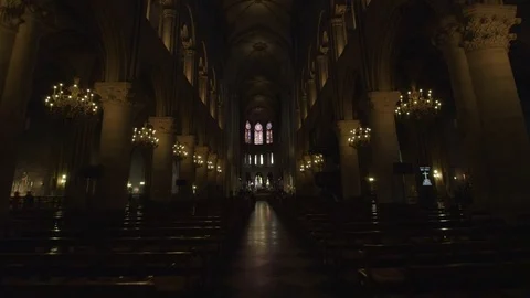 PARIS, FRANCE - JULY 07, 2016 Track inside Notre Dame Cathedral interior Stock Footage