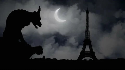 Paris: Gargoyle and Eiffel Tower in Silhouette by Night with Crescent Moon Stock Footage 146333831
