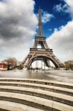 Paris. Gorgeous wideangle view of Eiffel Tower with Stairs to Se Stock Photos