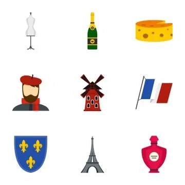 Paris icons set, flat style Stock Illustration