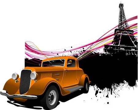 Paris image background with more than 50 years old vintage car . vector illus Illustrazione stock