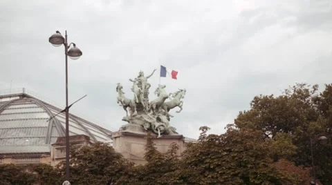 Paris landscape with classical statue and french flag Stock Footage 67886478