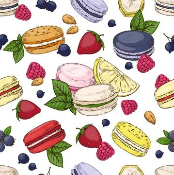 Paris macaron pattern. Seamless print with colorful French dessert of almond Illustrazione stock
