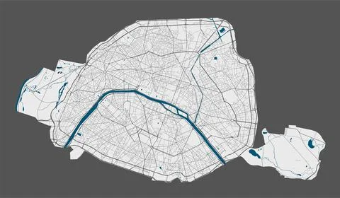 Paris map. Detailed map of Paris city poster with streets, water. Stock Illustration