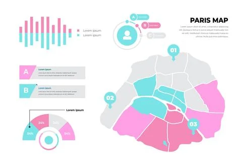 Paris map infographics template flat Stock Illustration