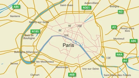 Paris Map with Route Numbers Stock Footage 72431709