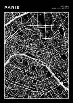 Paris Map Wall Art Frame, Cartography Map Print, City Layout Map Stock Illustration
