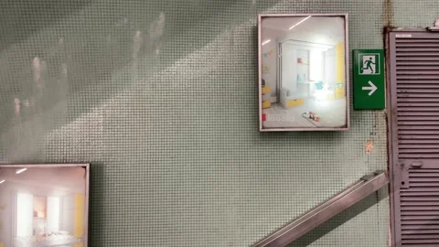 Paris metro escalator going down with vintage green tiles and ads dirty Video stock 150411252