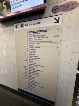 Paris Metro Line 8 navigation map by RATP showing stations toward Balard dire Stockfoto's