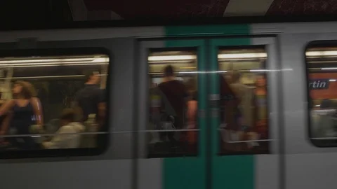 Paris metro; train approaching the Havre-Caumartin station. Stock Footage 115113659