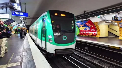 Paris Metro train arriving at underground station, France Stock Footage 302947232