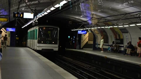 Paris Metro train at underground station July 18 2025 Stock Footage 314980162