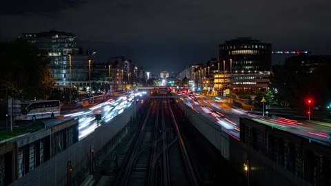 Paris metro trains seen passing a bridge Stock Footage 320962498