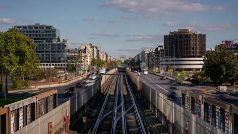 Paris metro trains seen passing a bridge Stock Footage 331979166
