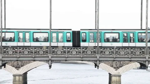 Paris Metro Underground Subway System Train Passing on Bridge in Paris, France Stock Footage 99452792