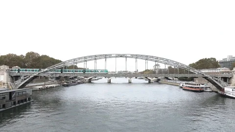 Paris Metro Underground Subway System Train Passing on Bridge in Paris, France Stock Footage 99452793
