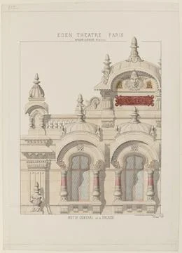 Paris Museums, Central Pattern of the Facade of Eden Theater, Rue Boudreau, IXE Stockfoto's