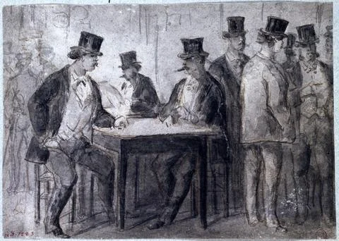 Paris Museums, At the circle or three men sitting around a table in a cafe and a Stock Photos