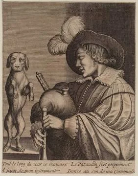 Paris Museums, Cornemuse player and dog dancing. Stock Photos
