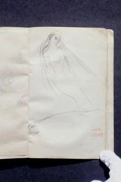 Paris Museums, COROT Drawing Book: Woman Study, Flying Figure and Red Stamp Sale 写真素材