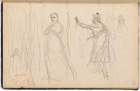 Paris Museums, Drawing notebook, page 57; Four Theater Characters, Red Cachet of Stock Photos