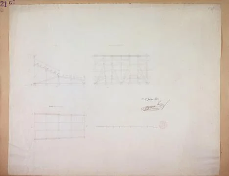 Paris Museums, Elevation from behind, cutting and plan of the high structural te Foto stock