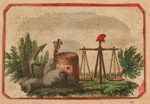 Paris Museums, Map with a scale surmounted by a Phrygian cap, barrel, bags and a 스톡 사진