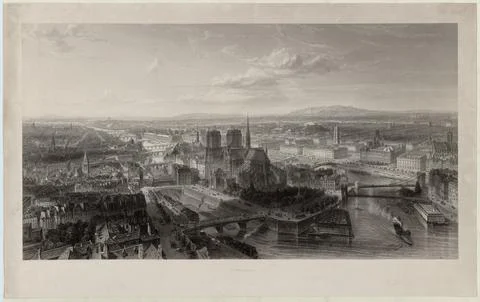 Paris museums, Panoramic view of the bedside of Notre-Dame and the surrounding a Stock Photos