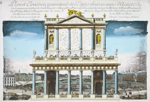 Paris Museums, Plan and geometric elevation of the eleve building in the month o Fotos de archivo