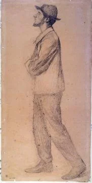 Paris Museums, Portrait of man standing, profile left, walking the nose in the a Stock Photos