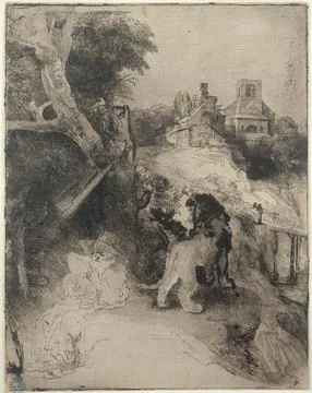 Paris Museums, Saint Jerome reading in an Italian landscape 스톡 사진
