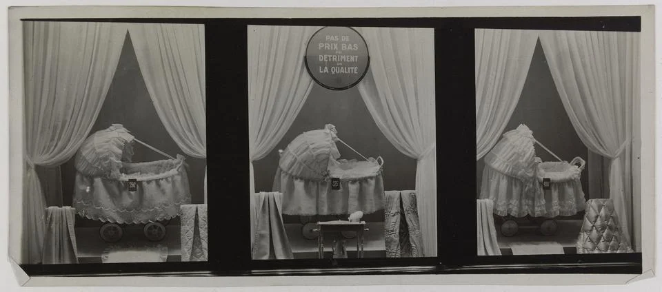 Paris Museums, Showcase with three strollers, Spring store, Boulevard Haussmann, Stock Photos