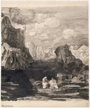 Paris Museums, Two characters drapes in a rocky landscape Foto stock
