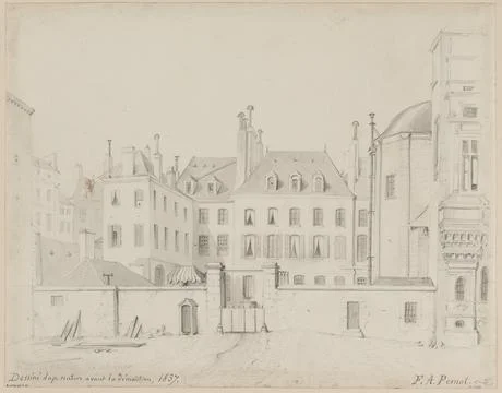 Paris Museums, View of the faade of the Prefecture of the Seine in 1837 before i Stock Photos