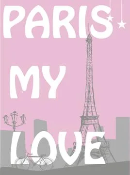 Paris -  my love. The words on a city background with Eiffel tow Stock Illustration