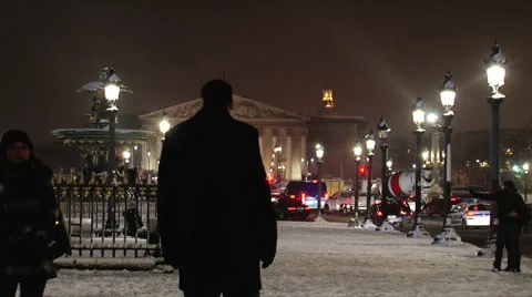 Paris by night at concorde square covered in snow Stock Footage 979927