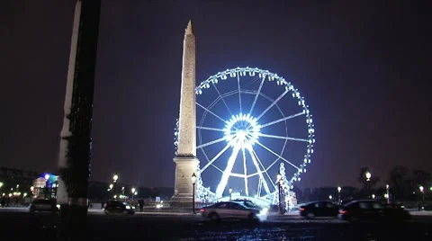 Paris by night at concorde square covered in snow Stock Footage 980024